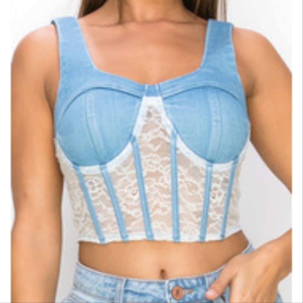 DENIM BLVD LOS ANGELES WOMEN'S DENIM AND FLORAL LACE BUSTIER